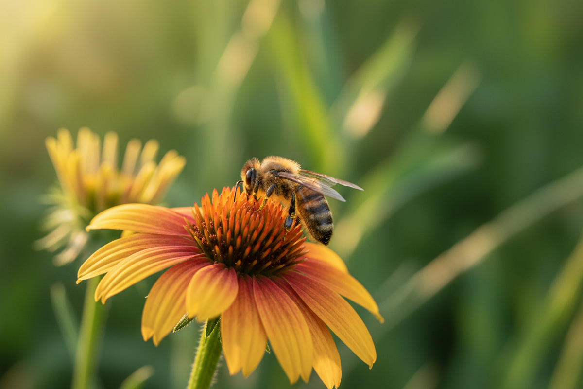 A honeybee foraging on a golden coneflower in late summer sunshine