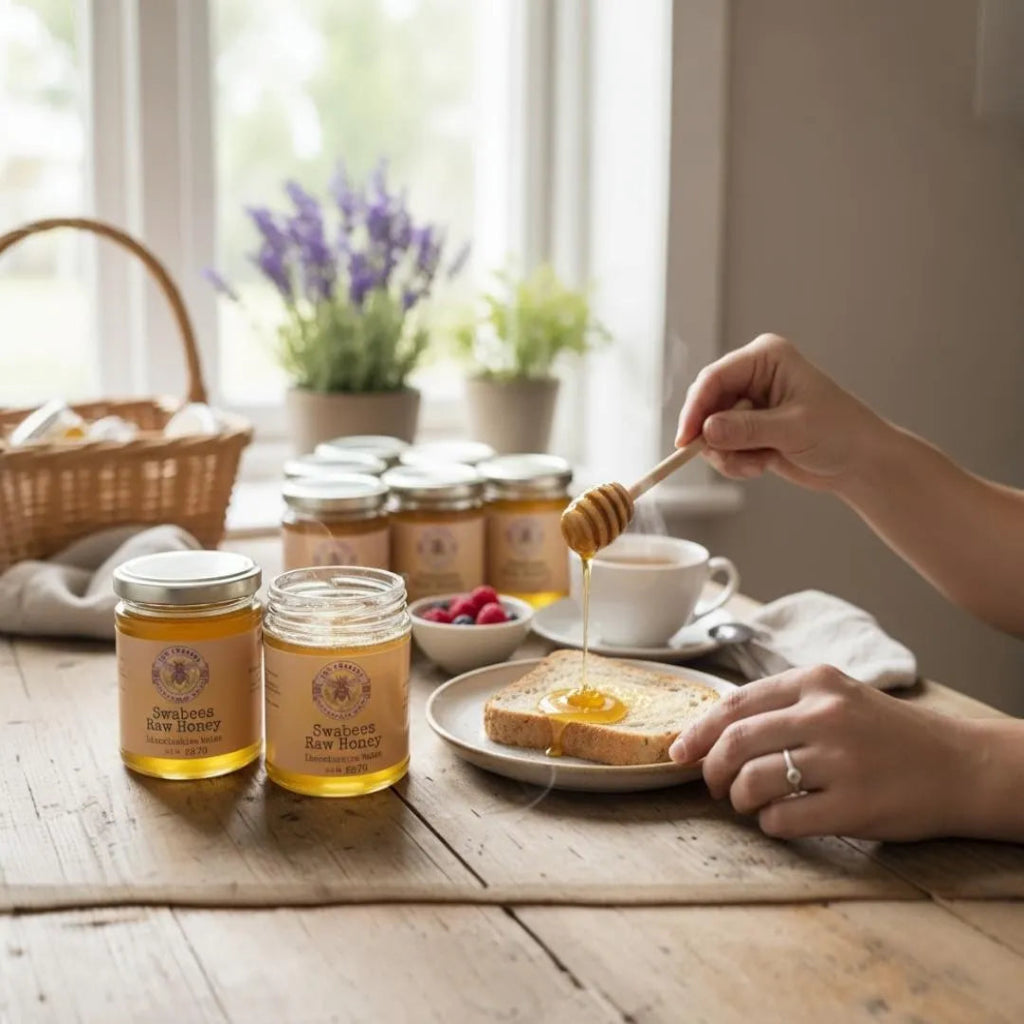 local raw honey from the lincolnshire wolds on toast with jars of honey on a wooden table.