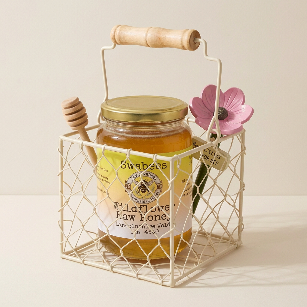 Square Honey Gift Basket with Bee Drinking Cup & Wooden Drizzler