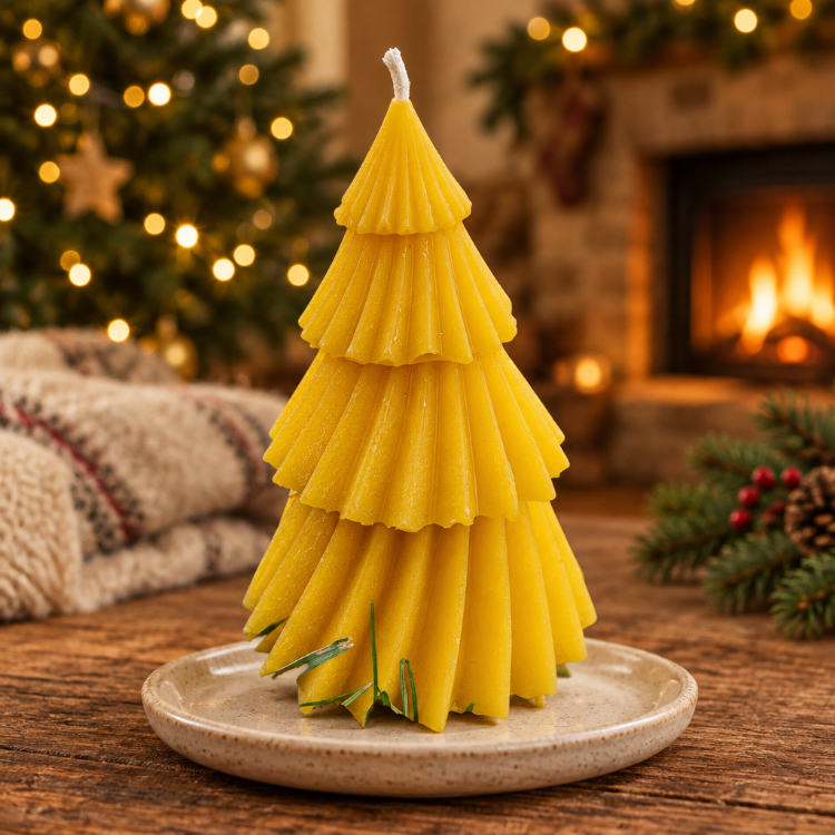 A yellow tiered tree-shaped candle sits on a small beige plate on a wooden table, with a cozy holiday scene in the background including a lit fireplace, Christmas tree lights, and pine branches.