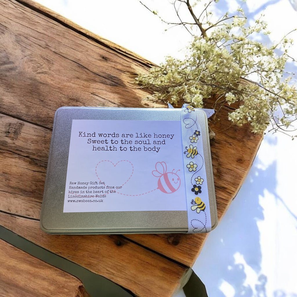 Honey Bee Gift Tin – Natural Beeswax Lip Balm, Honey, Skin Balm & Candle Set
