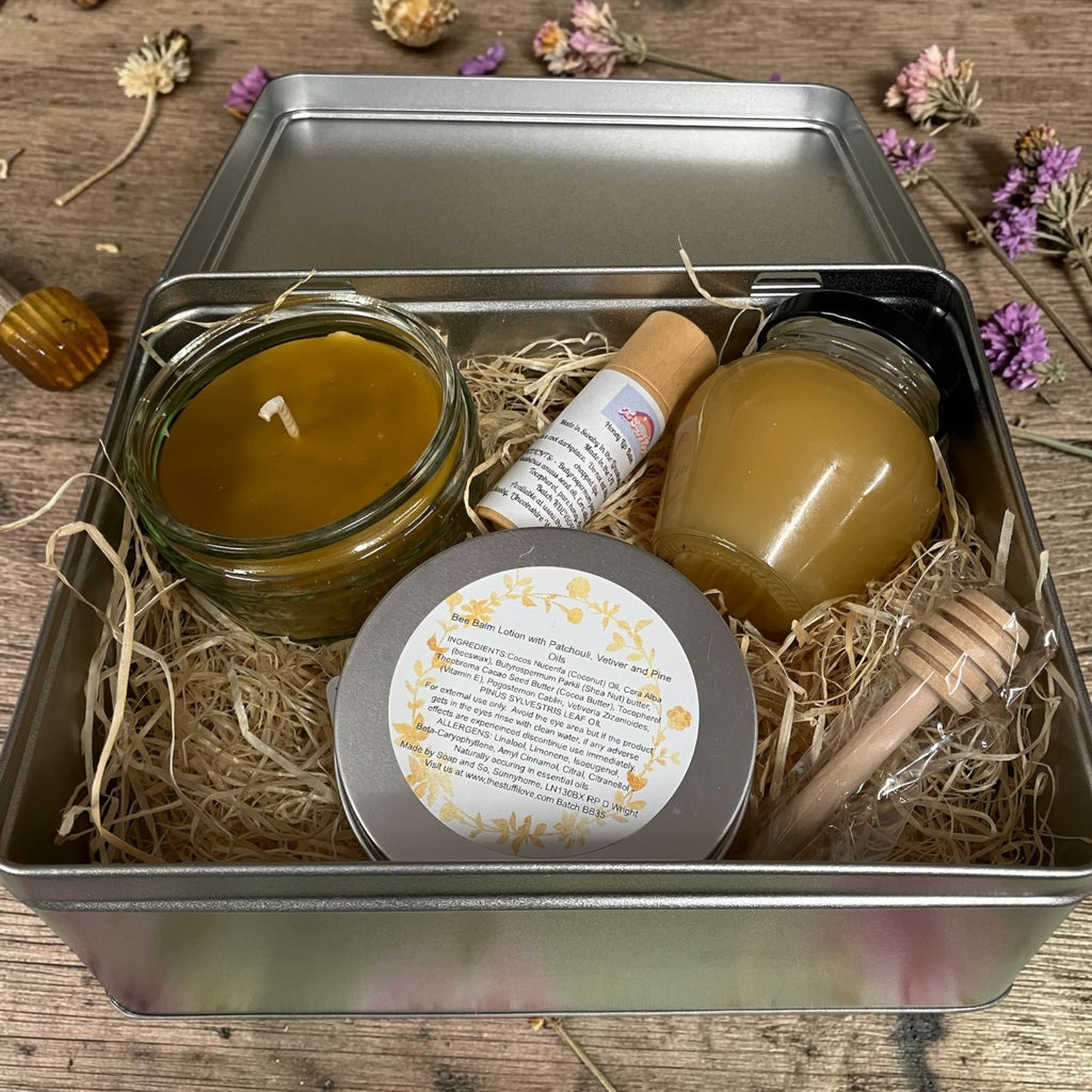Honey Bee Gift Tin – Natural Beeswax Lip Balm, Honey, Skin Balm & Candle Set