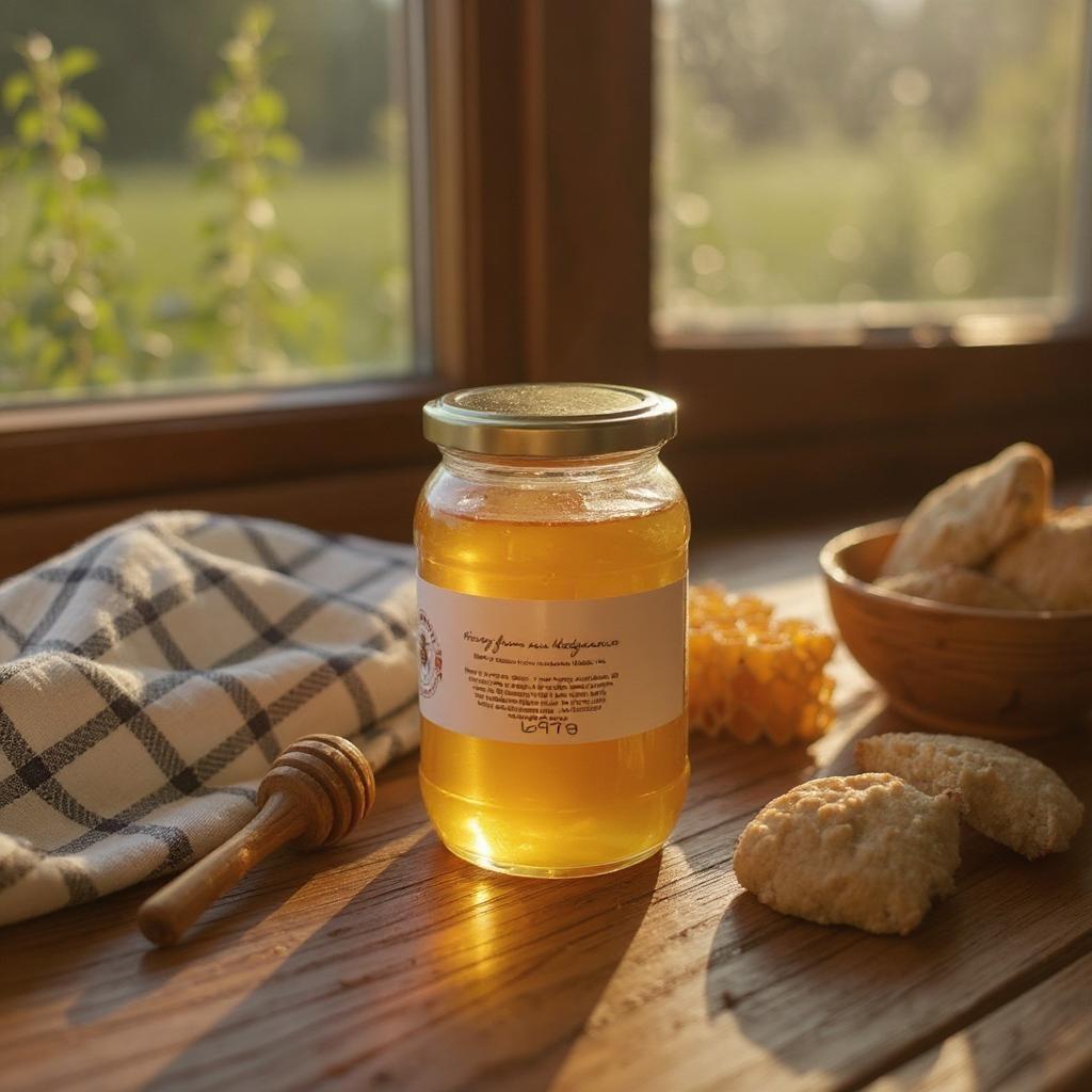 Jar of local honey from the lincolnshire wolds on a wooden table with a window in the background