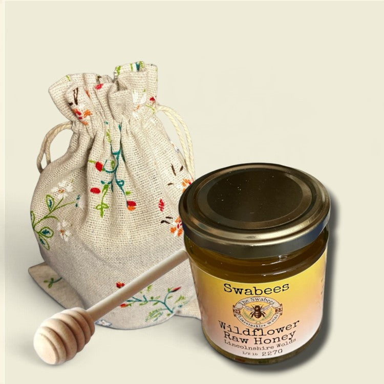 Raw Honey Gift Set 227g with Drizzler – Hessian-Print Bag