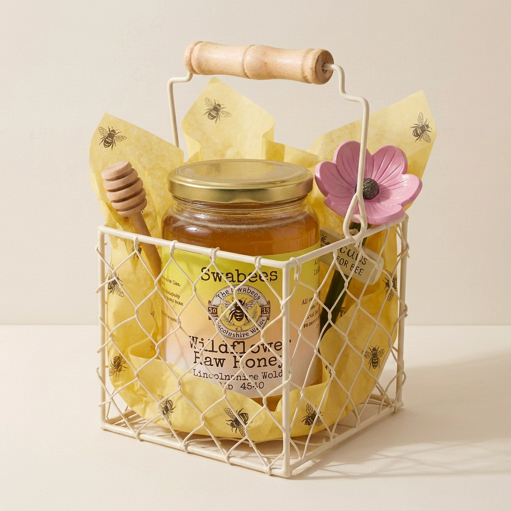 Square Honey Gift Basket with Bee Drinking Cup & Wooden Drizzler
