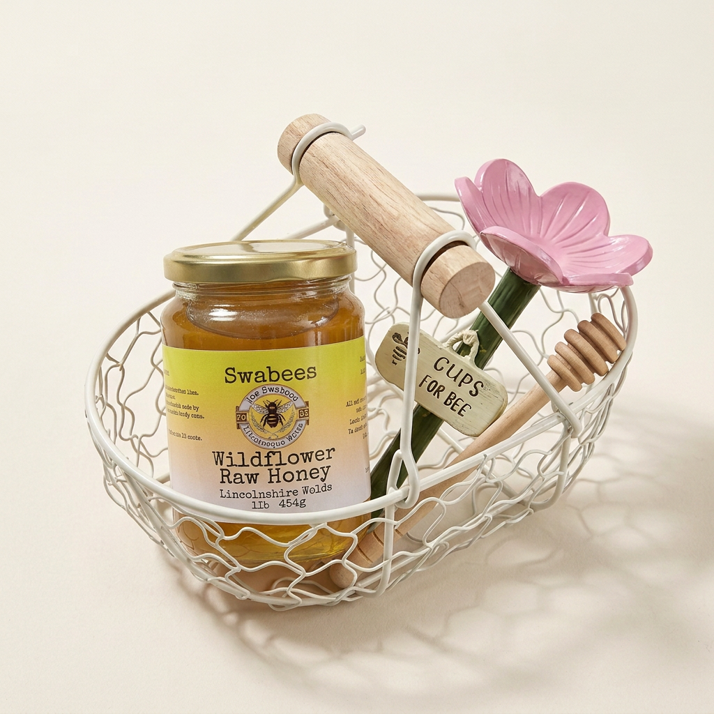 Cream Wire Basket Gift with 1lb Honey, Drizzler and Bee Drinking Cup for the Garden
