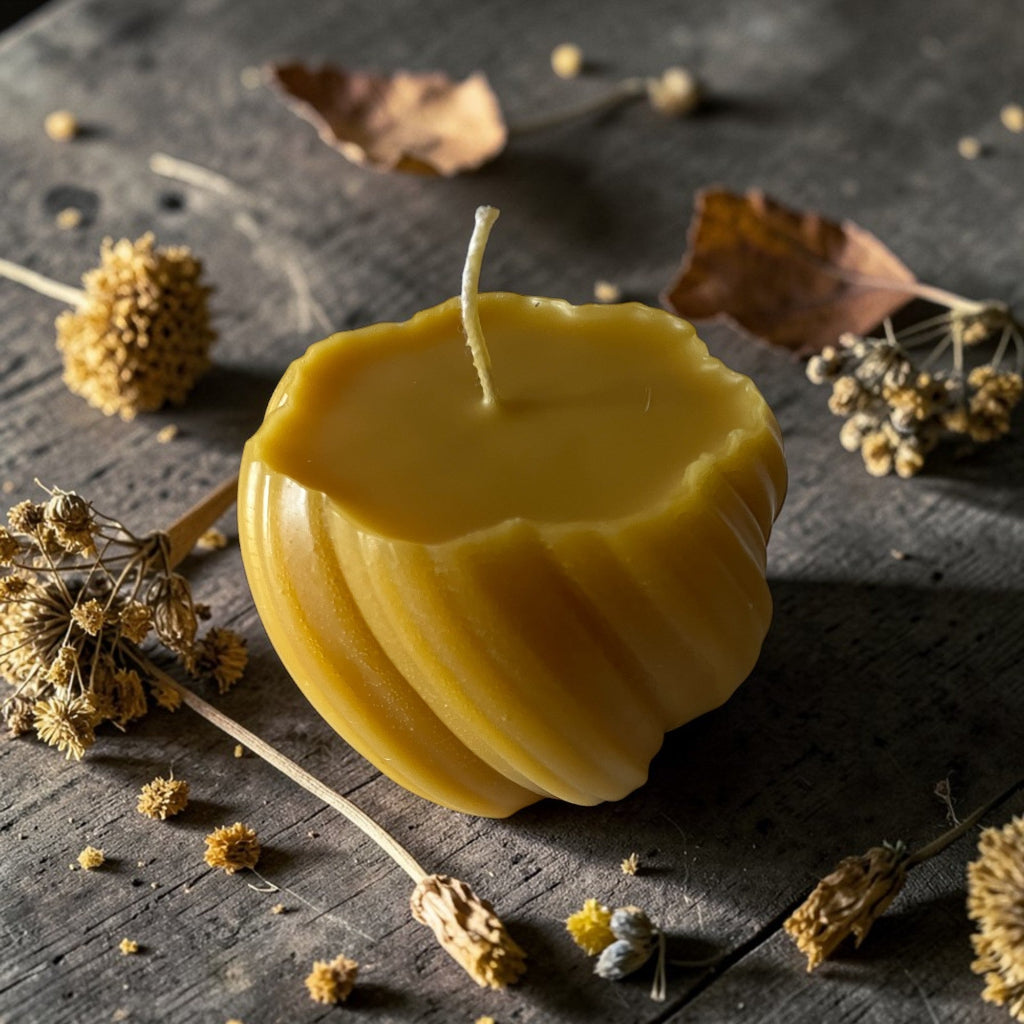 Yellow handmade beeswax candle with a textured surface on a dark wooden surface with dried plants.