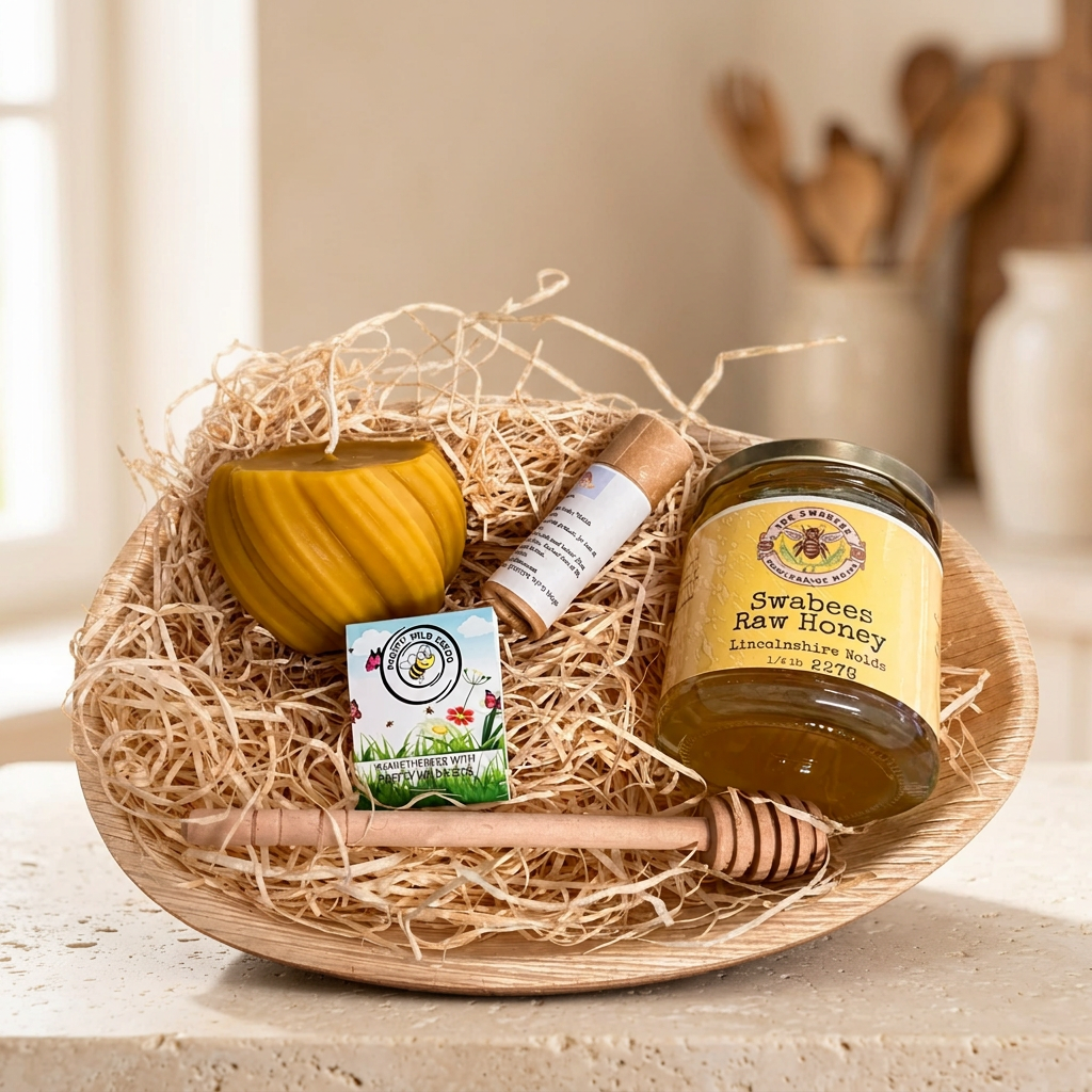Raw honey gift tray with beeswax candle, lip balm, wildflower seeds and wooden honey dipper on a neutral background