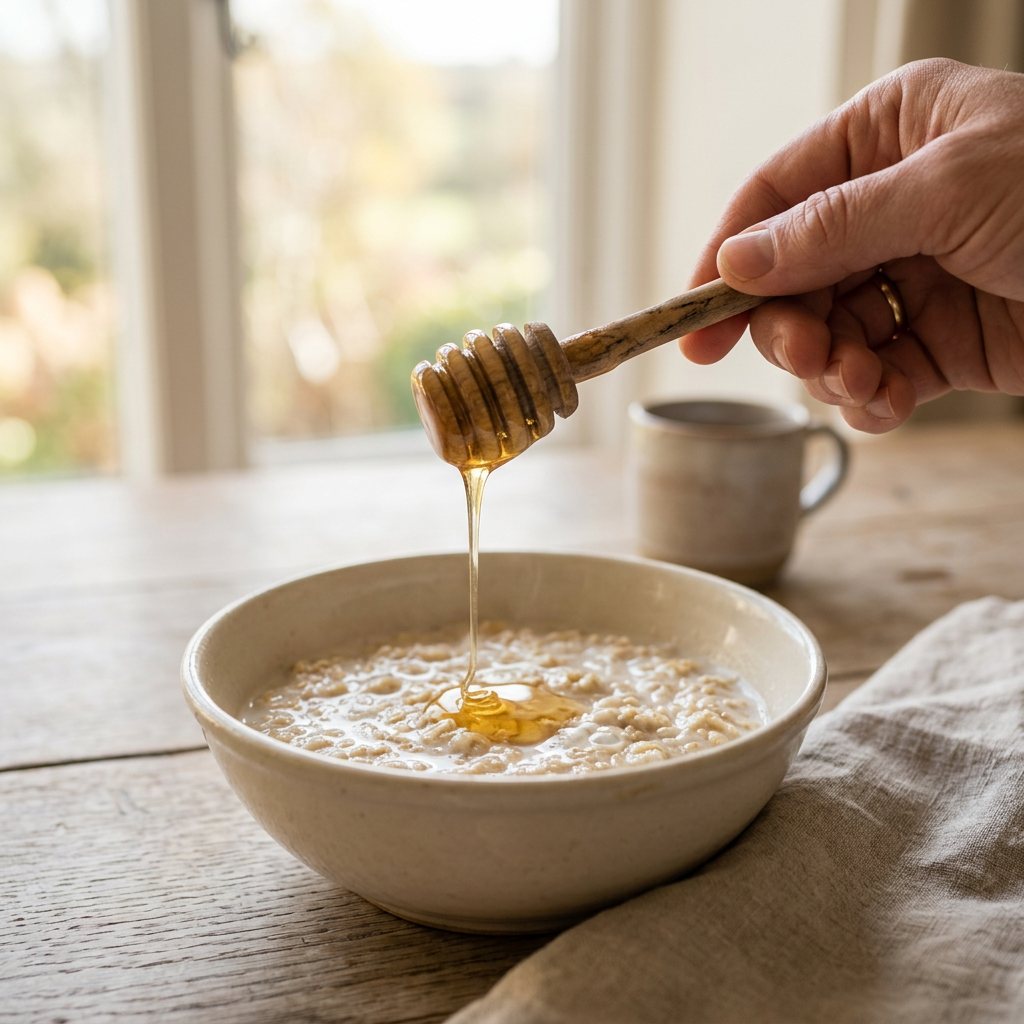 Golden honey drizzling from a wooden honey dipper into a bowl of porridge