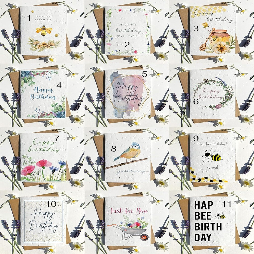 Swabees collection of eco-friendly plantable birthday cards featuring wildflower, bee, and floral watercolor designs.